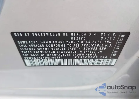 2013 Volkswagen Jetta 2.5L Se from USA, damaged, VIN 3VWDX7AJ4DM360787